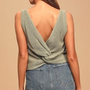 Lulu's Let's Get Away Sage Green Knit Twist Back Tank Top | Size M